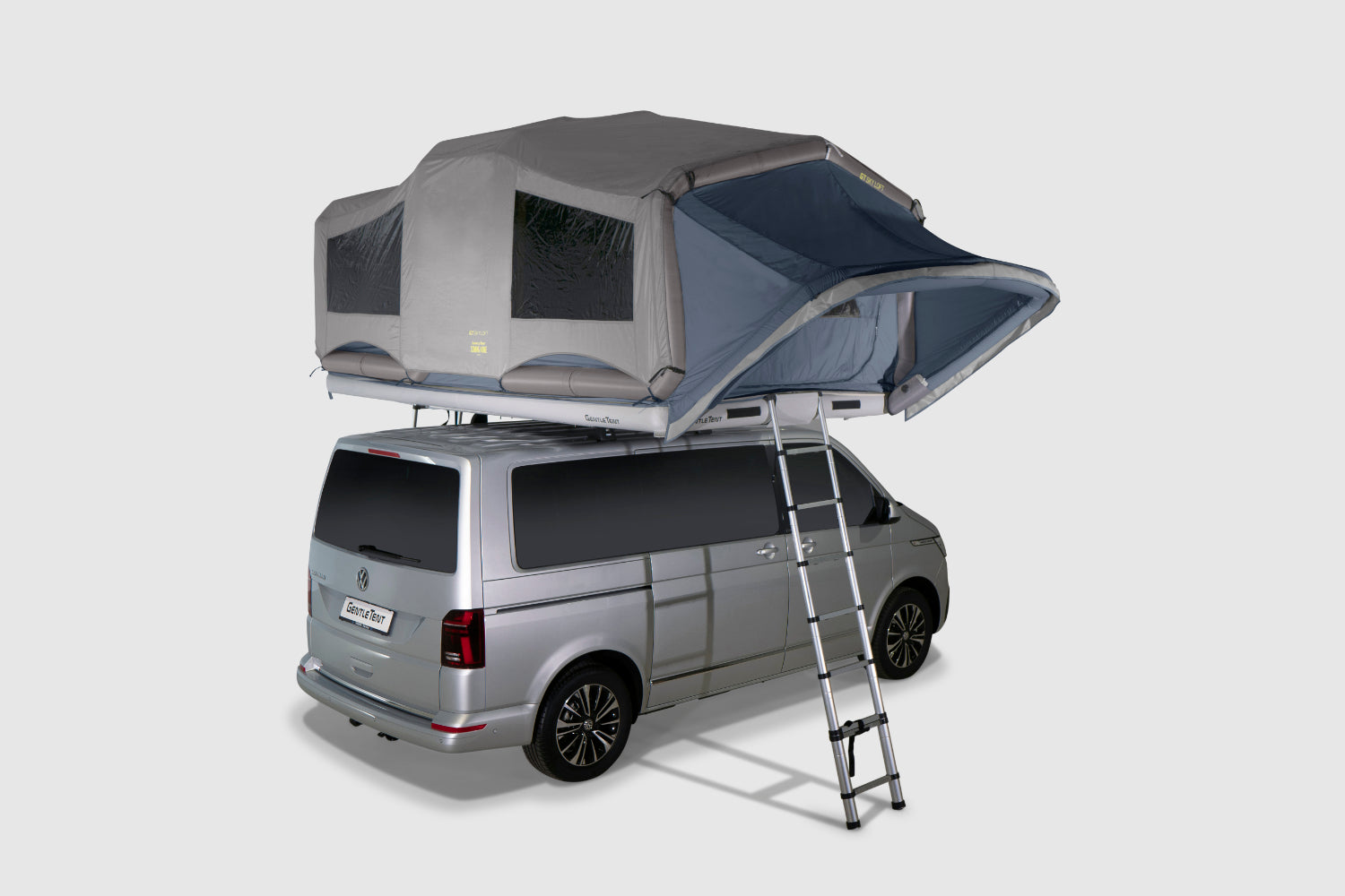 The GT SKY LOFT rooftop tent fully inflated and set up with the rain cover on
