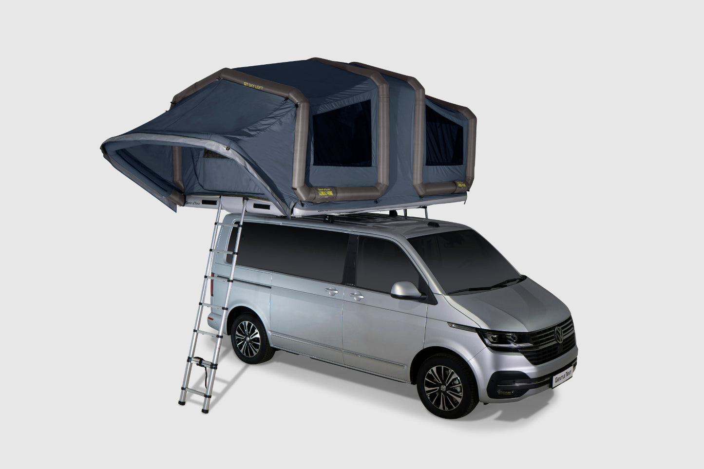 GT SKY LOFT Rooftop tent fully inflated and set up with the telescopic ladder attached.